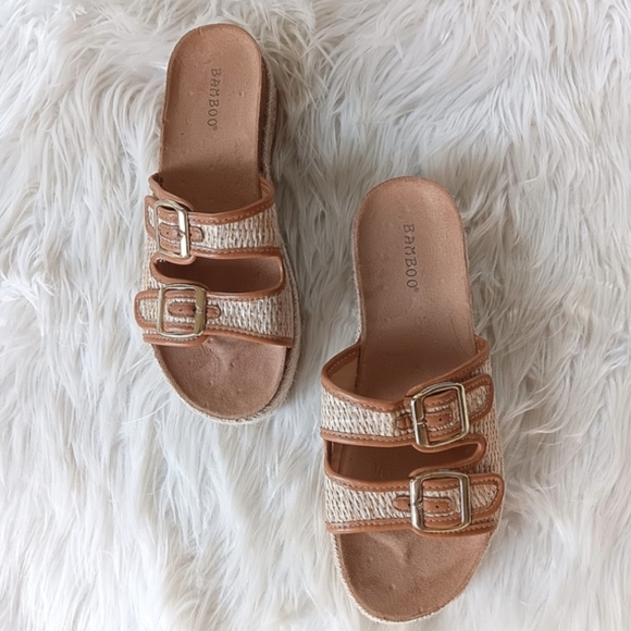 BAMBOO Shoes - ↠ Bamboo Natural Cream & Tan Raffia Espadrille Platform Double Buckle Sandals